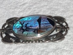 Antique Sterling Silver Morpho Butterfly Wing Pendant Palm Trees Tropical Scene