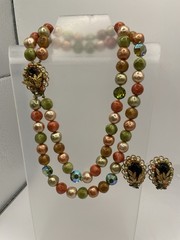Exquisite Vintage Necklace & Earrings. Peridot, Coral, & Peach Colors W/ Gold .
