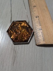 Silver Tone Hexagon Amber Foil Glass Pendant Necklace Boho Artisan Beaded