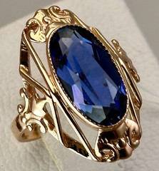 USSR Vintage Rose Gold Blue Sapphire (lab. made) Ring 583 14K 5.14 g. 6,5 US