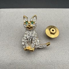 Vintage Swarovski Pave Crystal Kitty Cat Pin Brooch Green Eyes Swan Logo Retired