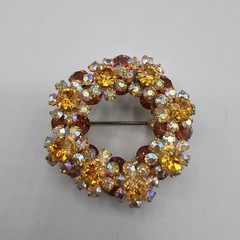 Vtg Austrain Crystal Brooch Pin Open Circle Aurora Borealis Yellow Cognac