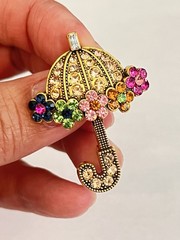 Vintage Style Umbrella Brooch Pin – Multicolor Rhinestone Floral Umbrella