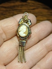Antique Gold Filled Old/Young Cameo Necklace Double Sided Pendant & Earrings SET
