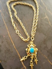 Vintage Celebrity turquoise Blue Pendant Gold rope Twist Chain 30″ Costume Jewel