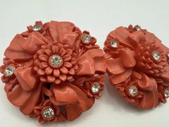 Vintage Carved Celluloid Rhinestone Clip On Earrings Floral Bow Coral Color