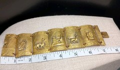 Vintage Peruvian Alpaca Bracelet Story Teller Gold Tone Brass Wide Cuff Repousse