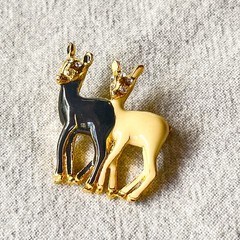 Ebony & Ivory Enamel Deer Brooch Rhinestone Gold Tone Animal Pin Costume Jewelry