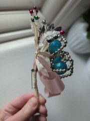 Vintage Atomic MCM Blue Mercury Glass Ball Silver Beads Corsage Pin Rare Find