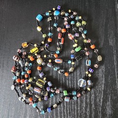 Set of 2 VTG Black Multi Colored Beaded Necklace Venetian Murano art Glass 38″