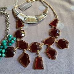 Statement Necklaces 1 Nwt Cookie Lee Lot of 3 Red stones Blue Stones Silver 16″