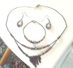 VTG Artisan Silver Tone Violet Purple Glass Necklace, Bracelet, Earrings Set
