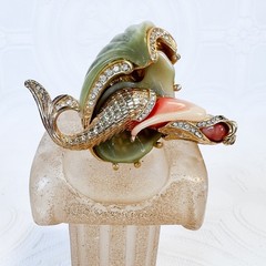 Vintage Hattie Carnegie Mermaid Brooch Green Peach Rhinestones Nymph in Shell