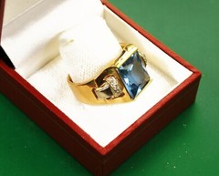 Antique 1940’s Deco Style Yellow Gold Platinum Diamonds Blue Stone Men’s Ring