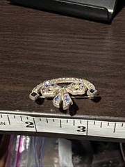 Antique R-F Silver Tone Blue Rhinestones Bow Ribbon Arch Brooch Locking Pin