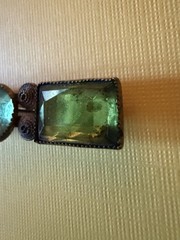 Antique 2” Art Deco Bar Brooch signed “CZECHSLOV” / 2 Green 1 Blue Glass Stones