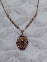 Vintage West Germany Gold Tone Costume Purple Rhinestone Large Pendant Necklace