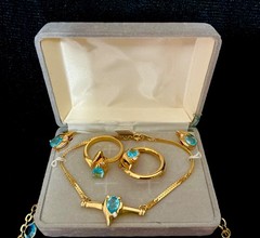 5 PIECE GOLDTONE & BLUE TOPAZ SET, 28” SWAROVSKI CRYSTAL NECKLACE RING ETC 6-154