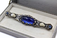Lovely Antique Arts & Crafts Cobalt Blue Cabochon Brass Pin