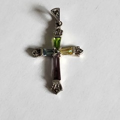 Sterling Silver 925 Cross Pendant With Baguette Cut Multicolored Gemstones