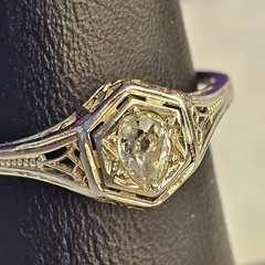 Antique Belais 18K White Gold Art Deco Ring Elongated Old Mine Cut Diamond
