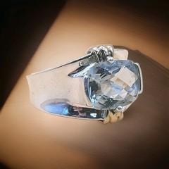 Vintage Sterling Silver 925 Large Cushion-Cut Aquamarine & Gold Accents Size 8.5