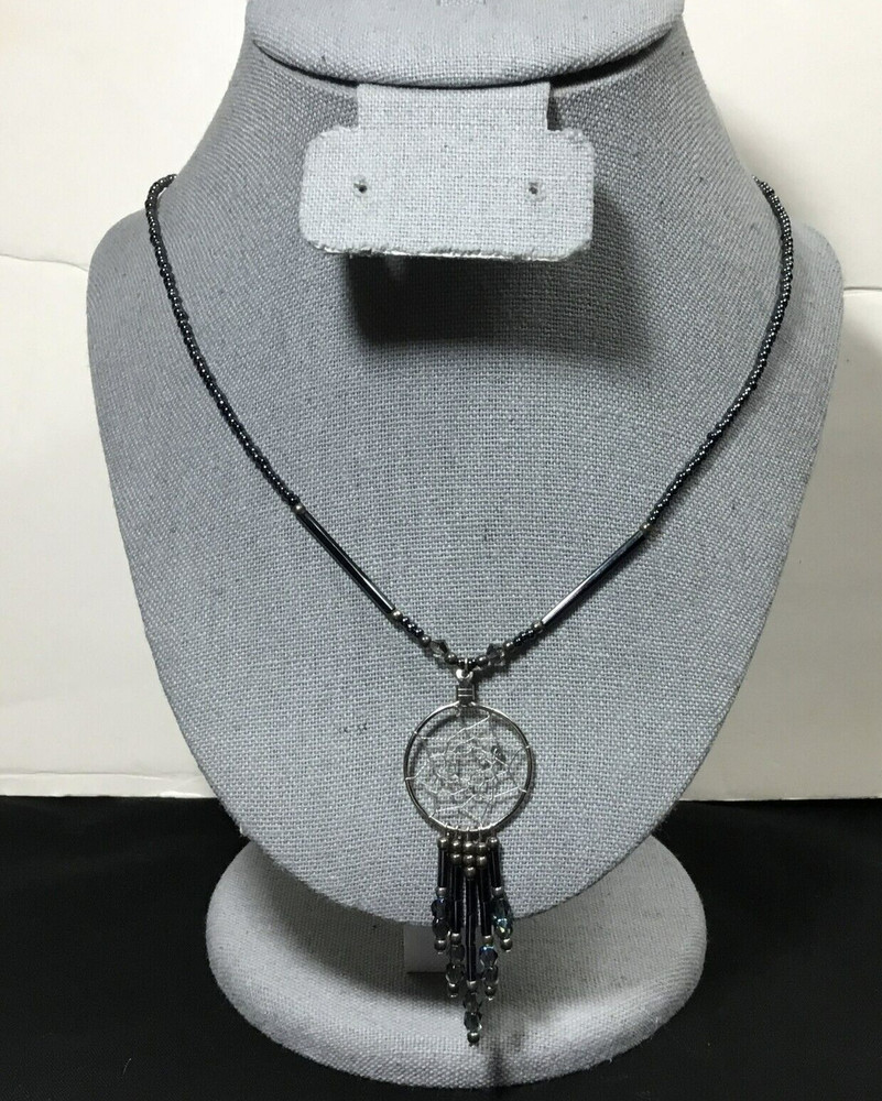 Iridescent indigo dream catcher necklace, artisan, vintage dark glass beads 20″