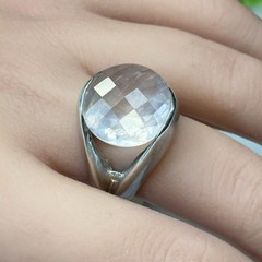 Vtg Hand Cast Sterling Silver 925 Faceted Round Pink Quartz Band Ring Size 7