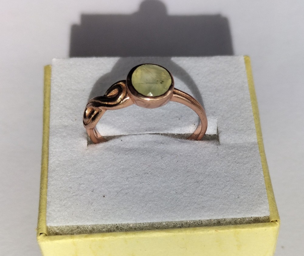 Vintage Rose Gold Plated Silver & Prehnite Ring, Infinity Theme, P (17.75 mm)