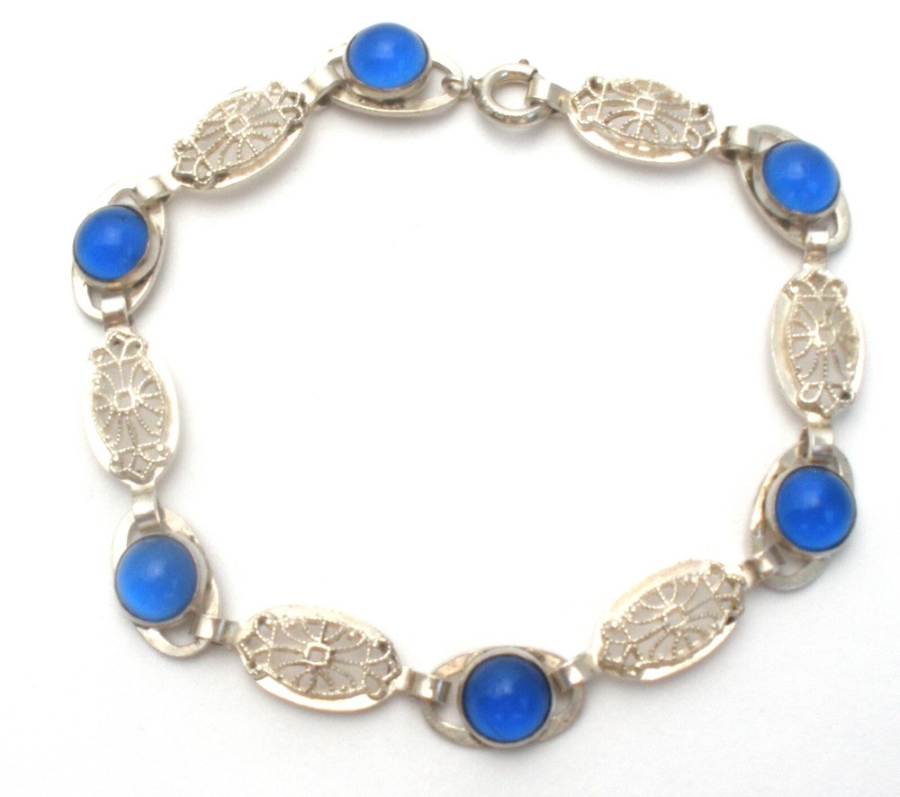 Sapphire Blue Glass Bracelet Sterling Silver 7.25″ Long Vintage Filigree Jewelry