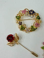Vintage Flower Brooch Lot of 4 Gold Tone Enamel Faux Pearl Rose Estate Jewelry