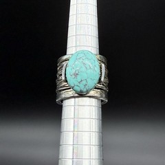Vtg Silver Tone Faux Turquoise Wide Cigar Band Statement Cocktail Ring Size 5.5
