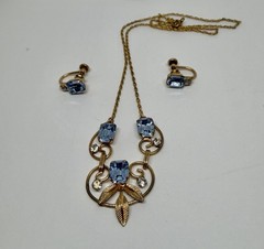 Vintage MCM Van Dell Gold Filled Blue Rectangle Crystal Necklace & Earrings Set