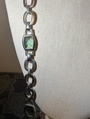 Vintage Anne Klein Silver Tone Chain Link Long Necklace With Green Blue Glass