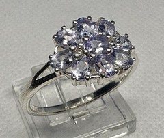 (10) 9x 6x4mm 2 Ct Faceted Tanzanite Cluster 925 Silver Ring size 9.75 Cocktail