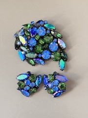 Vintage Signed KRAMER Blue & Green Spray Brooch & Earring Set, Gunmetal Set