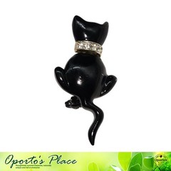 Vintage Black Cat Pin Sitting Rhinestone Collar Swinging Tail Whimsical Theme