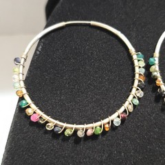 Large Vintage Sterling Silver with Gemstone Wire Wrap Hoop Earrings 2.05″