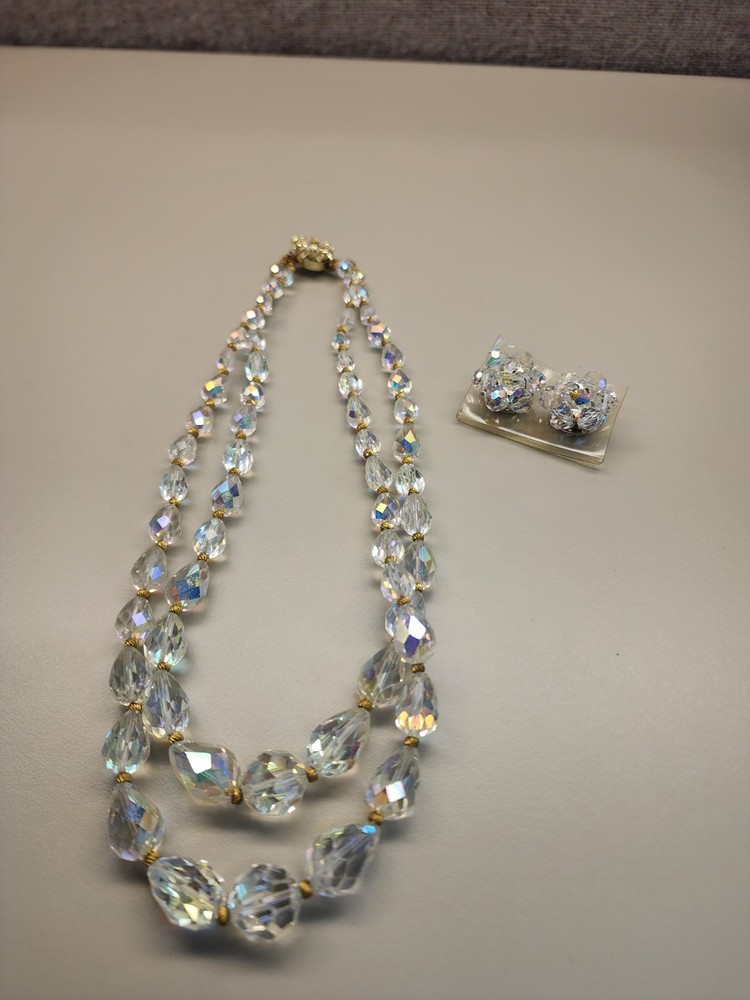 Vintage Double Strand Drop Shape AB Crystal Bead Necklace & Earring Set AB Clasp
