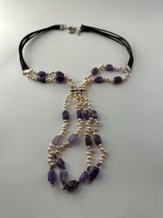 Amethyst & 2 MM Pearl Statement Piece 20 Inch Necklace