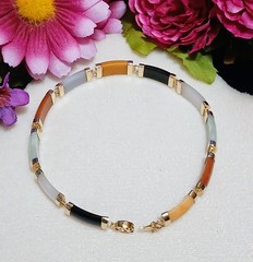 Vintage SOLID 14KT Gold Multi Color Jadeite Jade 11-Panel Link Bracelet~ 8-1/4″