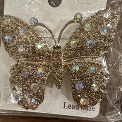 Vintage BLUE ICE Butterfly Brooch Large Gold Tone Multicolor Rhinestone NICE!