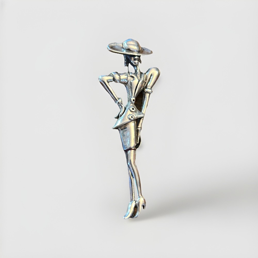 Sterling Silver 925 Fashionable Deco Lady Brooch 2 1/2 inches 9.4 grams