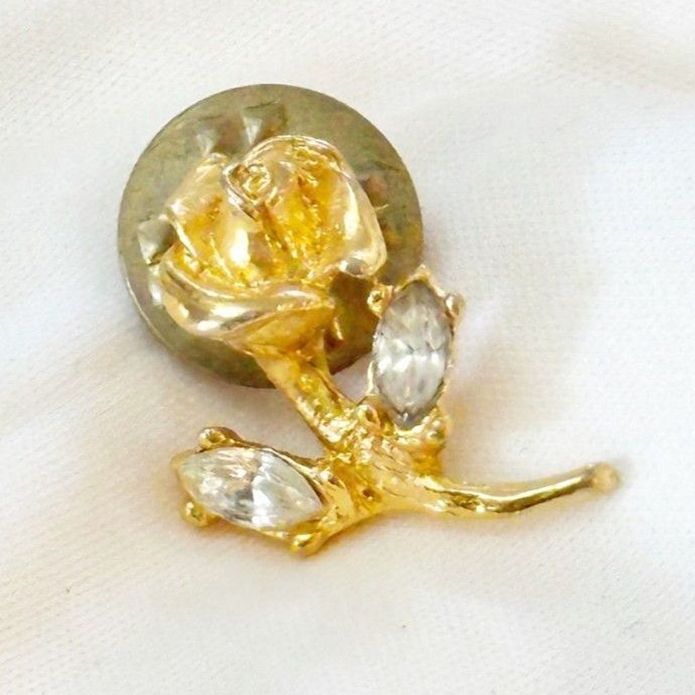 Vintage Lapel Pin Gold Tone Rose Rhinestone Leaves Garden Party Botanical