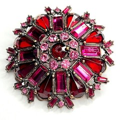 VTG Large Flower Snowflake Brooch Pin Red Fuchsia Pink Purple Glass Rhinestones