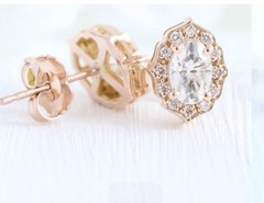 Vintage Moissanite Stud Earrings Rose Gold Scalloped Halo Setting Bridal Gift