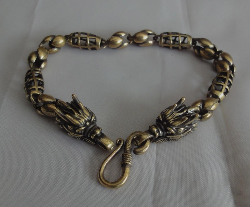 Vintage Style Brass Pure Copper Cool Dragon Head Statue Men Bracelet