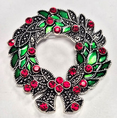 Estate Antiqued Silver Tone & Red Rhinestone Christmas Wreath Pin / Brooch