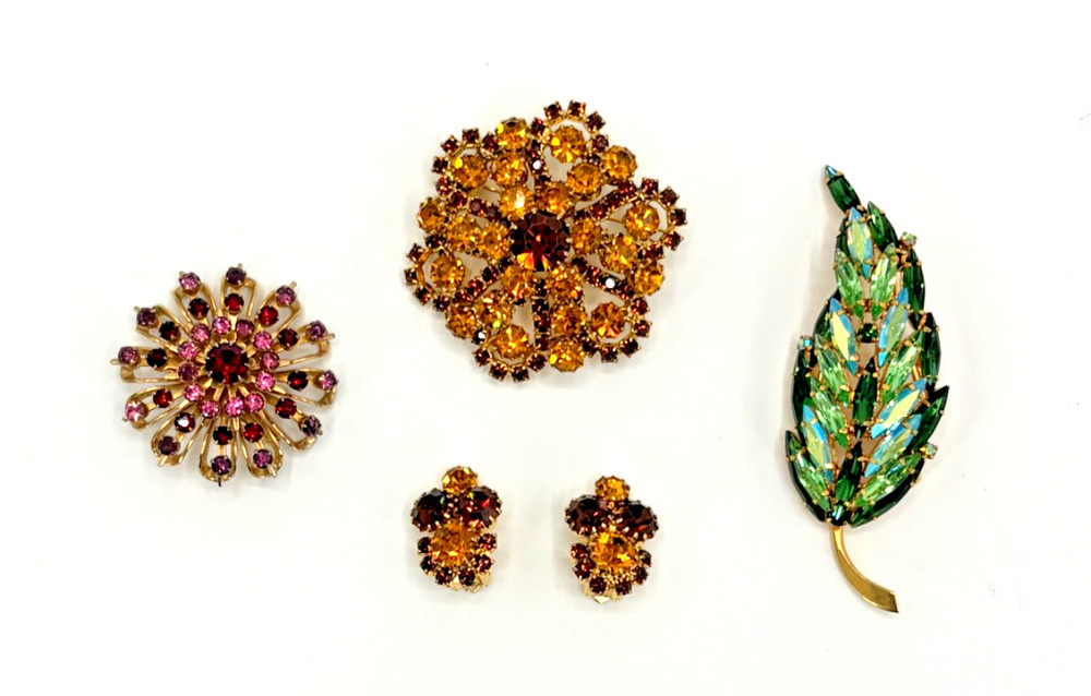 BROOCH Pin Lot Signed/Unsigned Red/Pink – Topaz/Citrine Rhinestones – Green