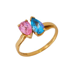 Vintage 14K Yellow Gold Pink Tourmaline Blue Topaz Toi et Moi Bypass Ring Size 7